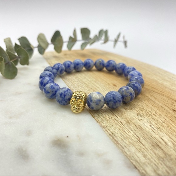 Blue Dumortierite Gemstone Bracelet With Gold Skull Charm - Picture 3 of 5
